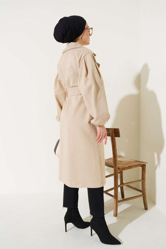 Manteau en cachemire beige à manches ballon et ceinture