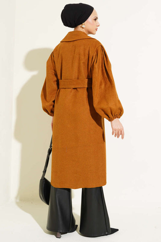 Balon Kol Kuşaklı Kaşe Kaban Hardal