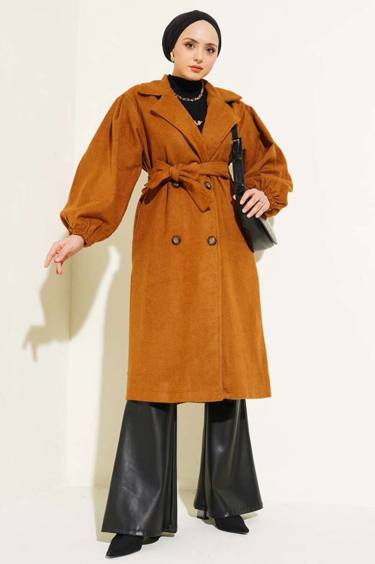 Balloon Sleeve Belted Wool Coat Mustard