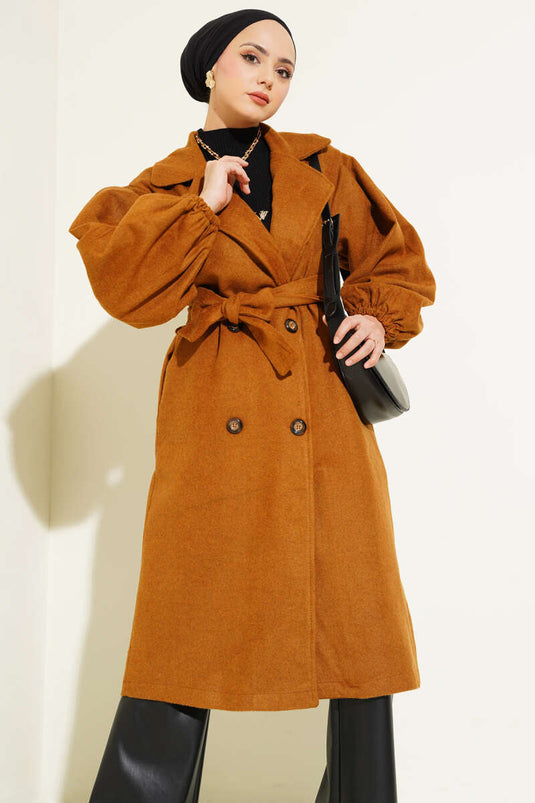 Balloon Sleeve Belted Wool Coat Mustard