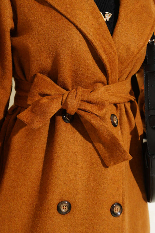 Balon Kol Kuşaklı Kaşe Kaban Hardal