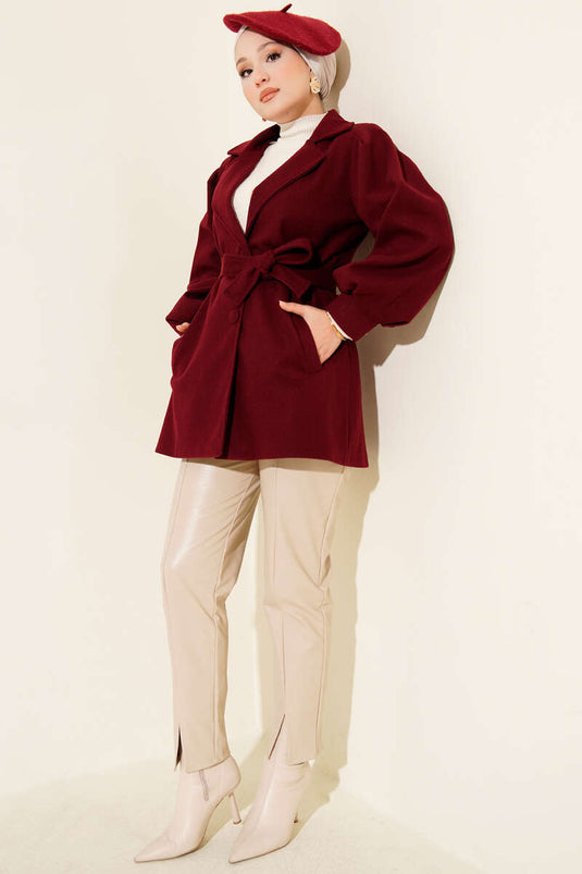 Balon Kol Kuşaklı Kısa Kaban Bordo