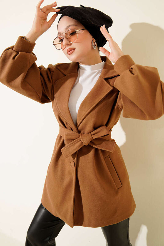 Balloon Sleeve Belted Short Coat Camel
