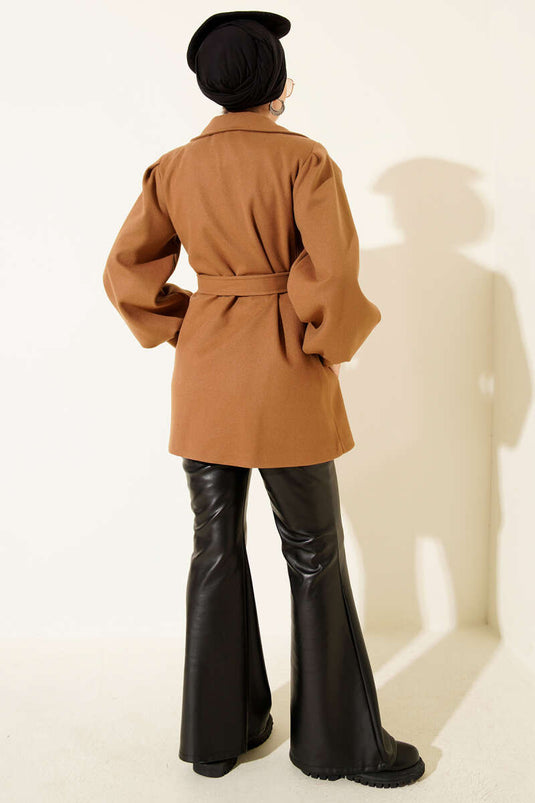 Balon Kol Kuşaklı Kısa Kaban Camel