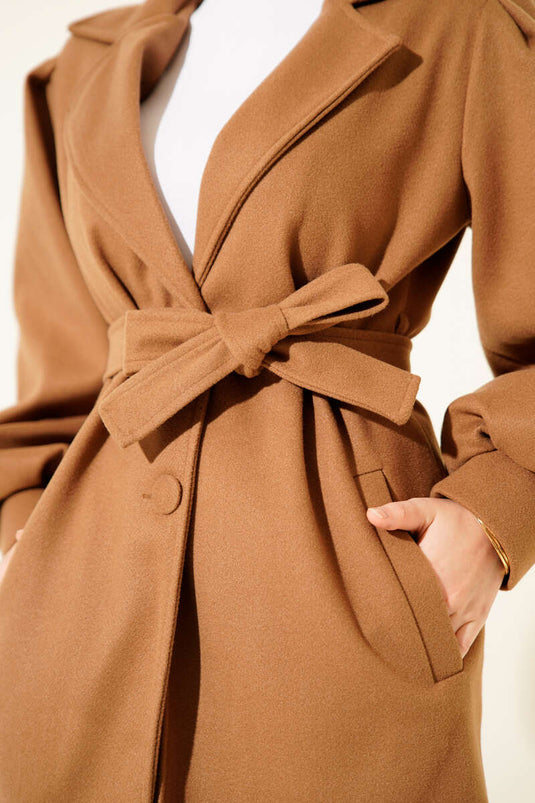 Balloon Sleeve Belted Short Coat Camel