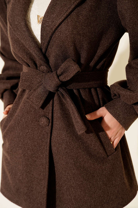 Balon Kol Kuşaklı Kısa Kaban Kahve