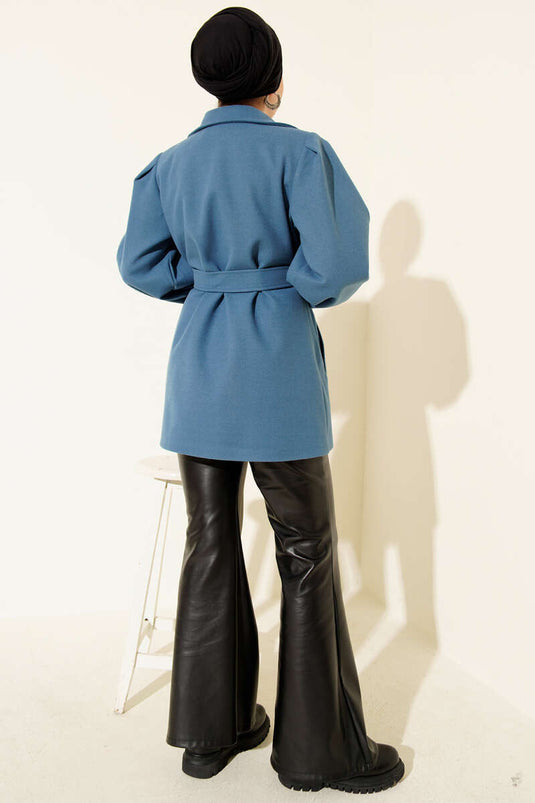 Balon Kol Kuşaklı Kısa Kaban Mavi