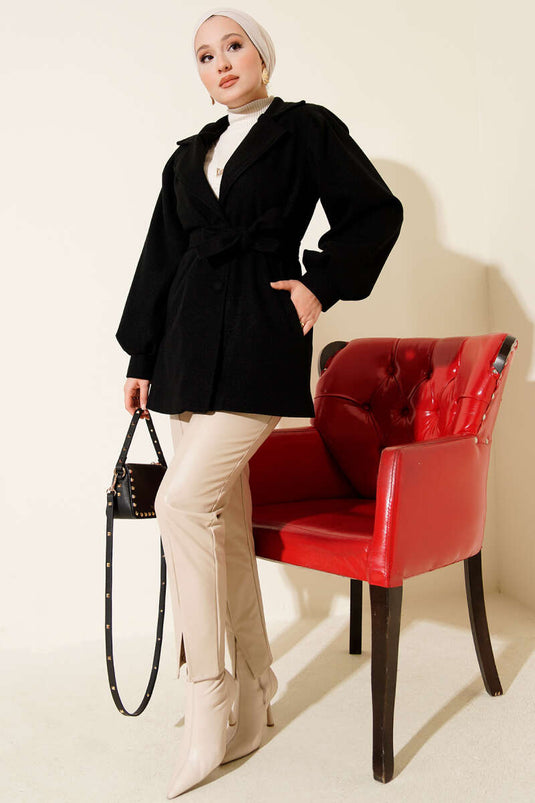 Balon Kol Kuşaklı Kısa Kaban Siyah