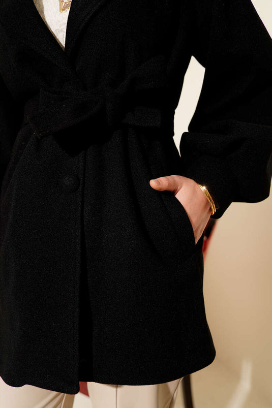 Balon Kol Kuşaklı Kısa Kaban Siyah