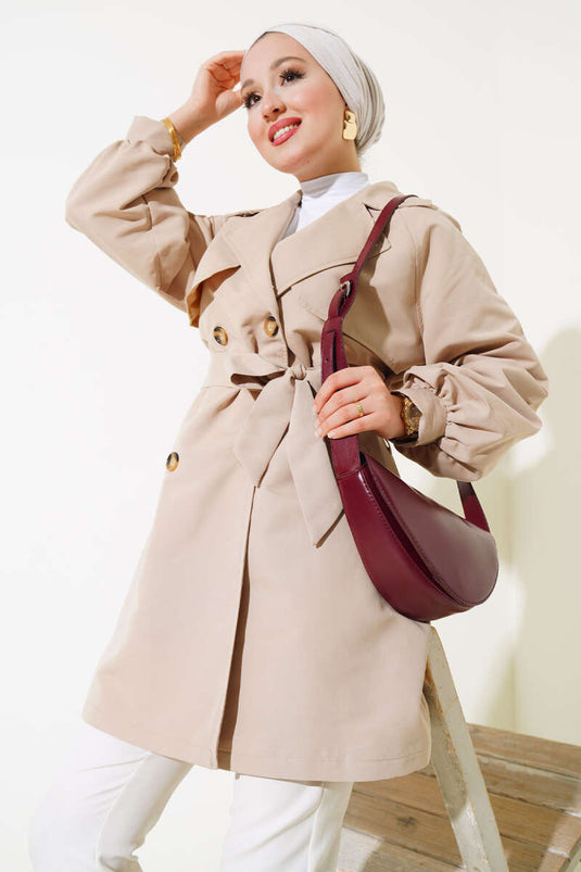 Korte trenchcoat met ballonmouwen en riem, beige