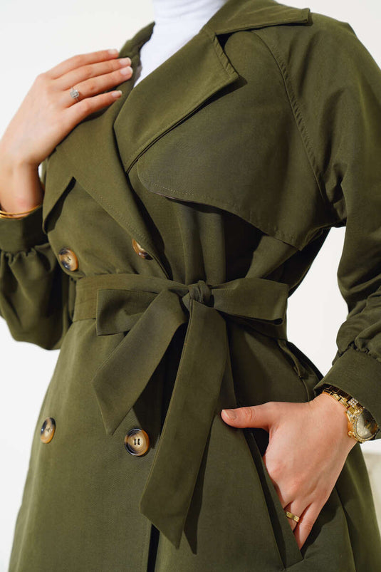 Balloon Sleeve Belted Short Trench Coat Khaki