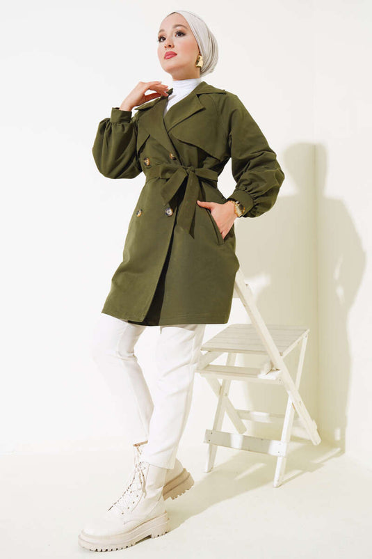 Korte trenchcoat met ballonmouwen en riem, kaki