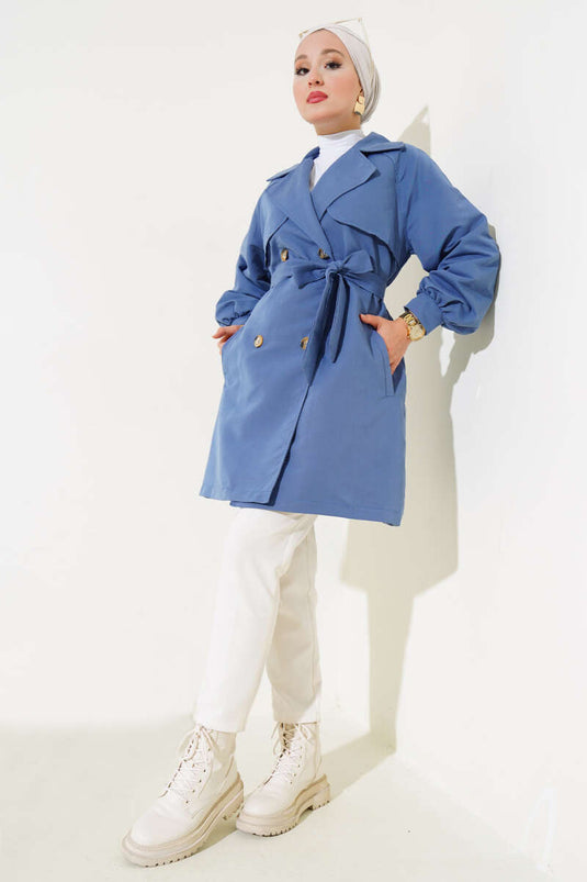 Indigo trenchcoat met ballonmouwen en riem