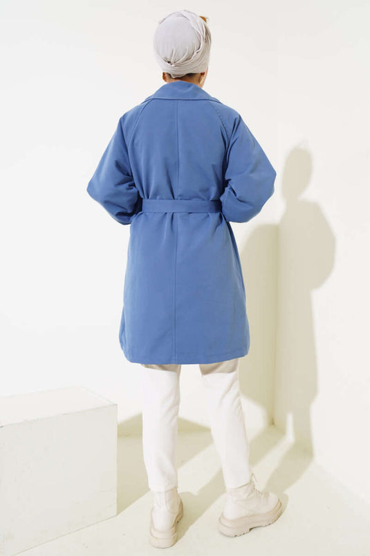 Indigo trenchcoat met ballonmouwen en riem