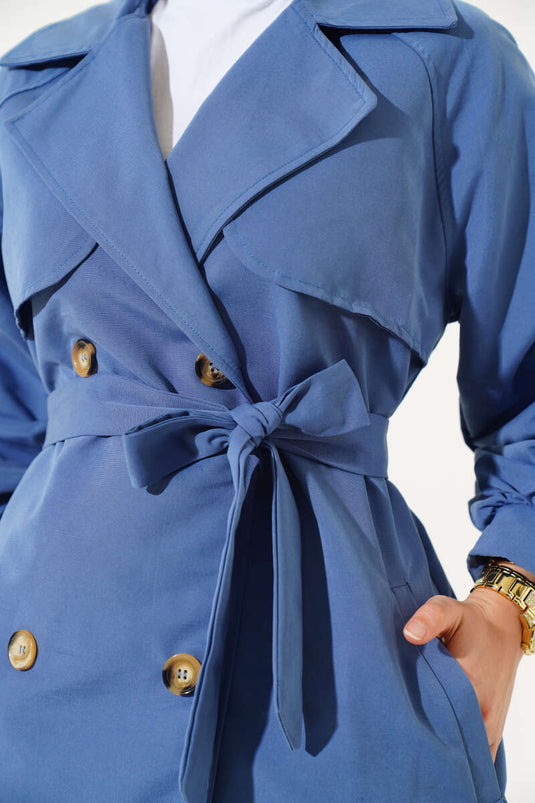 Indigo trenchcoat met ballonmouwen en riem