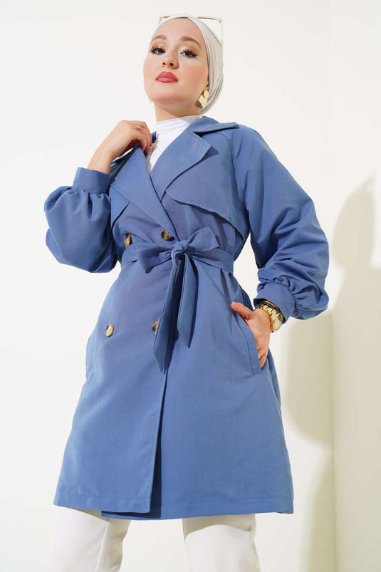 Indigo trenchcoat met ballonmouwen en riem