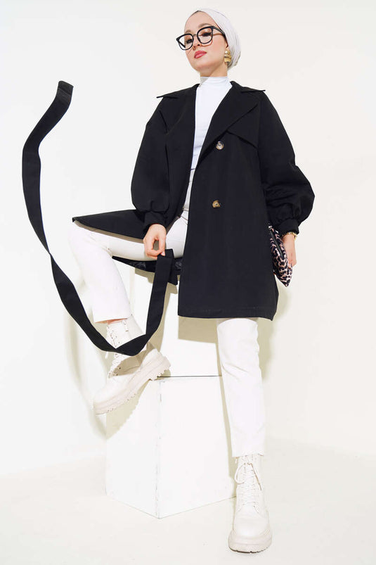 Trench-coat court noir à manches ballon et ceinture