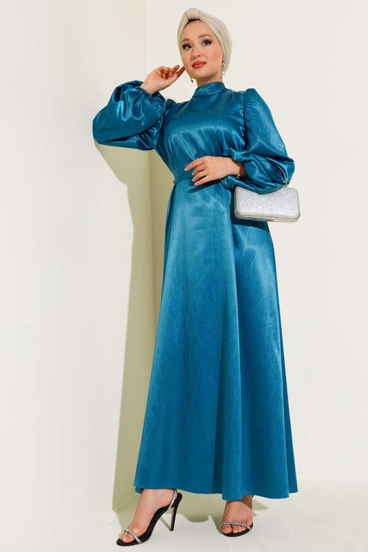 Balloon Sleeve Belted Satin Dress Petrol