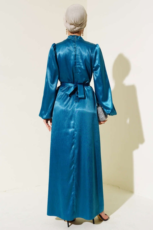 Balloon Sleeve Belted Satin Dress Petrol