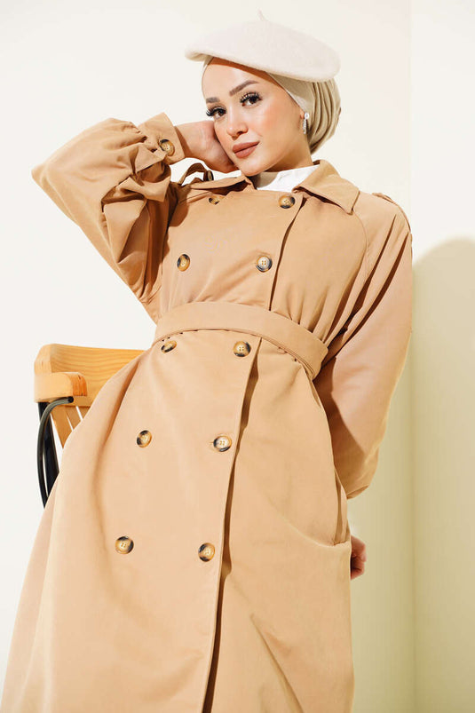 Lange trenchcoat met ballonmouwen en riem, camel