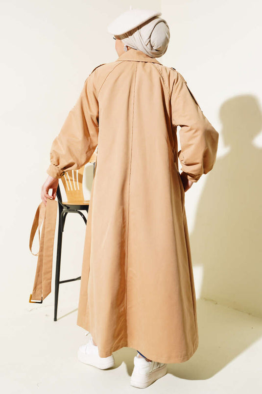 Lange trenchcoat met ballonmouwen en riem, camel