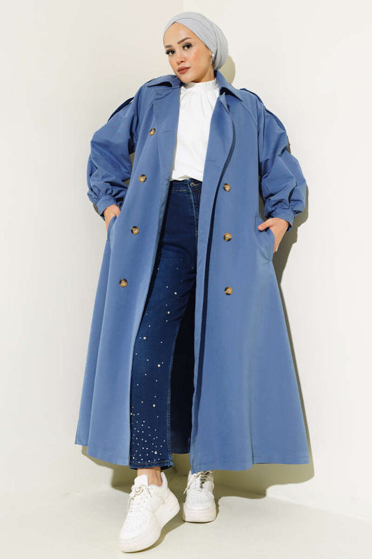 Lange trenchcoat met ballonmouwen en riem indigo
