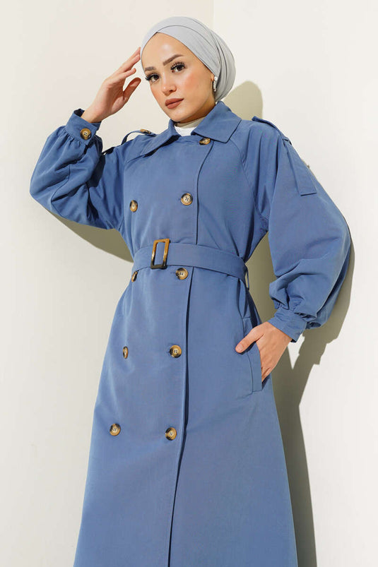 Lange trenchcoat met ballonmouwen en riem indigo