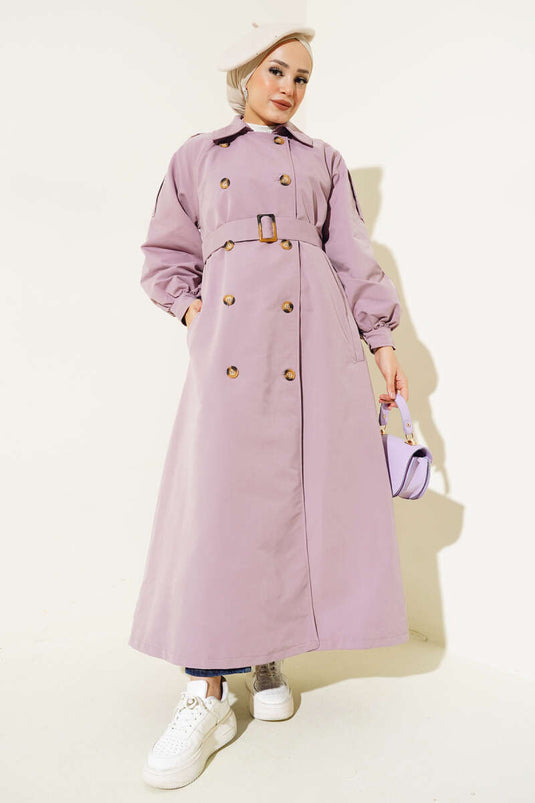 Balon Kol Kuşaklı Uzun Trençkot Lila