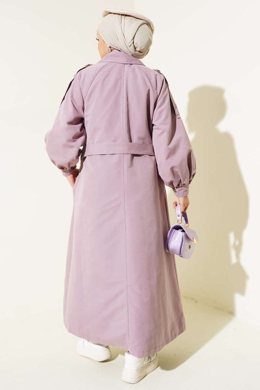 Lange trenchcoat met ballonmouwen en riem, lila