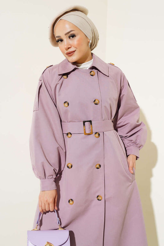 Lange trenchcoat met ballonmouwen en riem, lila