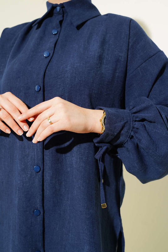 Shirt met ballonmouwen en vetersluiting, marineblauw