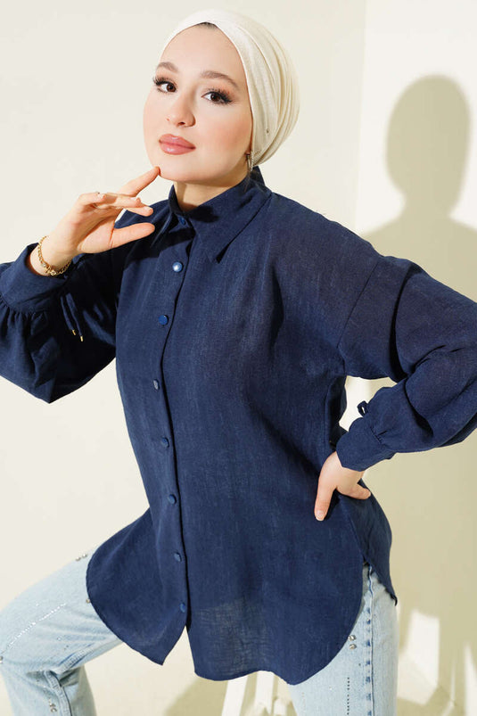 Shirt met ballonmouwen en vetersluiting, marineblauw