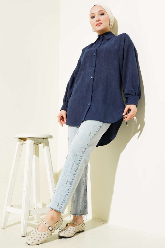 Shirt met ballonmouwen en vetersluiting, marineblauw