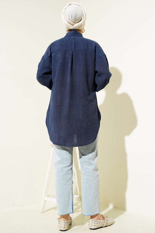 Shirt met ballonmouwen en vetersluiting, marineblauw