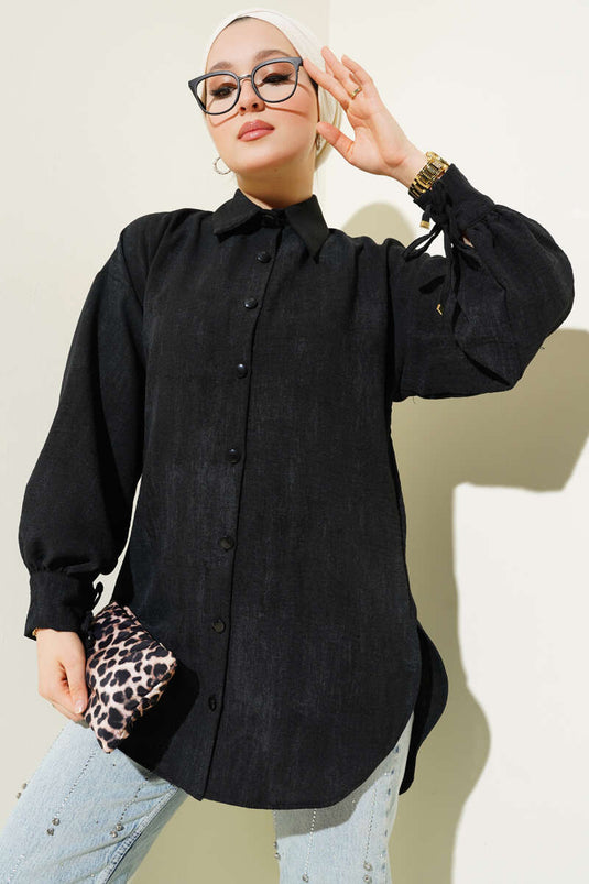 Camicia con lacci e polsini a palloncino, nera