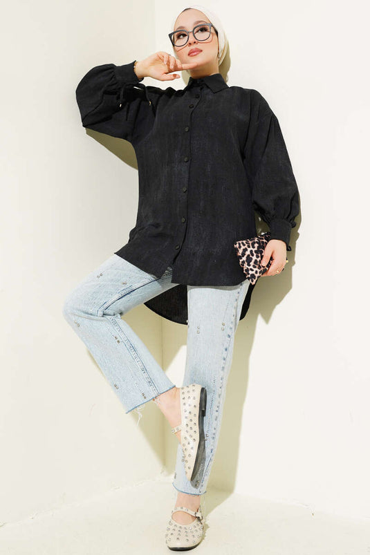 Camicia con lacci e polsini a palloncino, nera