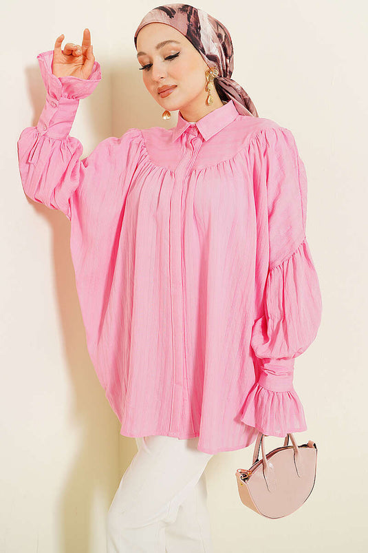 Balloon Sleeve Cuffed Shirt Pink