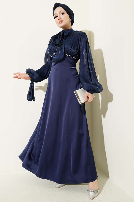 Mini Puff Sleeve Evening Dress with Stones Navy Blue