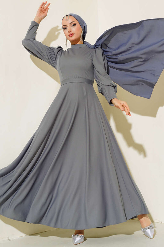 Balon Kol Omuz Pileli Elbise Gri