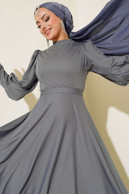 Balon Kol Omuz Pileli Elbise Gri