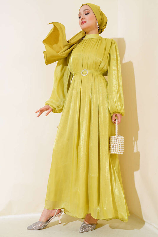 Balloon Sleeve Shiny Chiffon Dress Oil Green