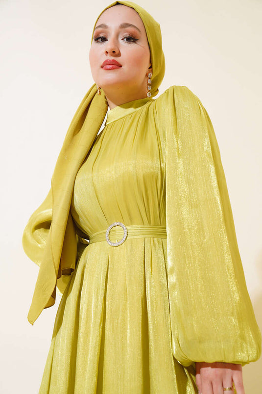 Balloon Sleeve Shiny Chiffon Dress Oil Green