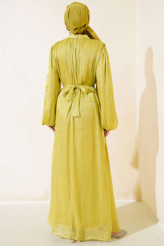 Balloon Sleeve Shiny Chiffon Dress Oil Green