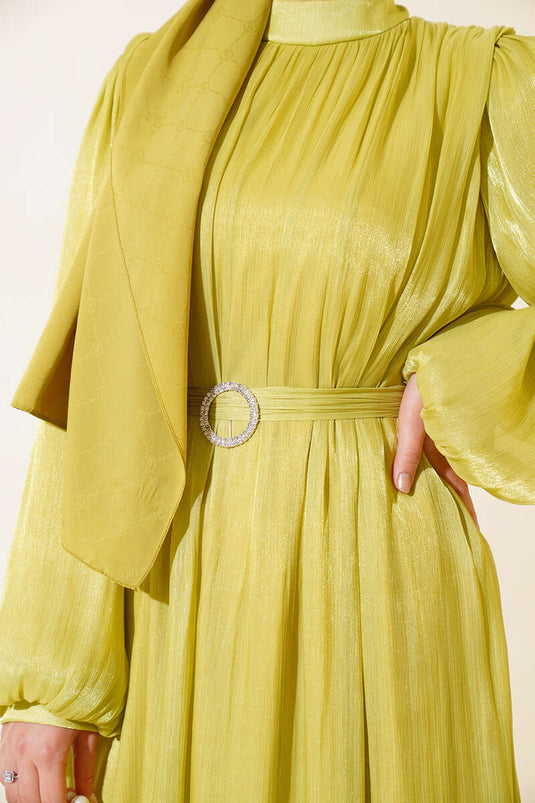 Balloon Sleeve Shiny Chiffon Dress Oil Green