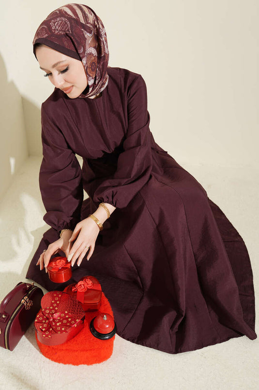 Robe ceinturée à cordon Balon Kol Pensli couleur mûre