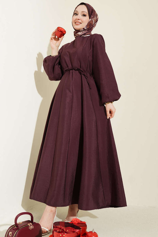 Robe ceinturée à cordon Balon Kol Pensli couleur mûre