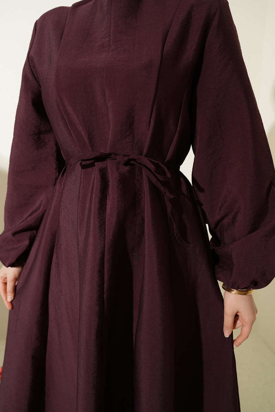 Robe ceinturée à cordon Balon Kol Pensli couleur mûre