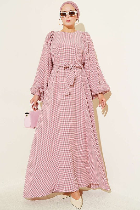 Karierte Ballonarm Kleid In Rose Beige