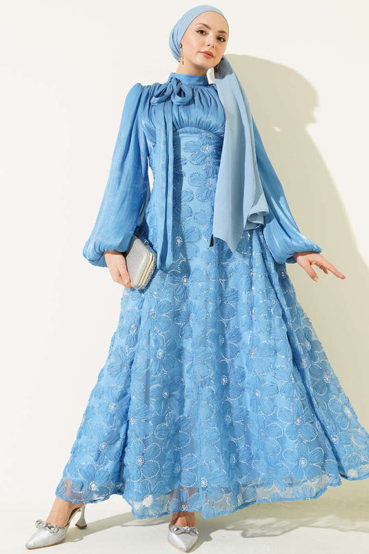 Balonärmel Perlenblumen Festkleid Indigo