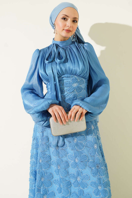 Balonärmel Perlenblumen Festkleid Indigo